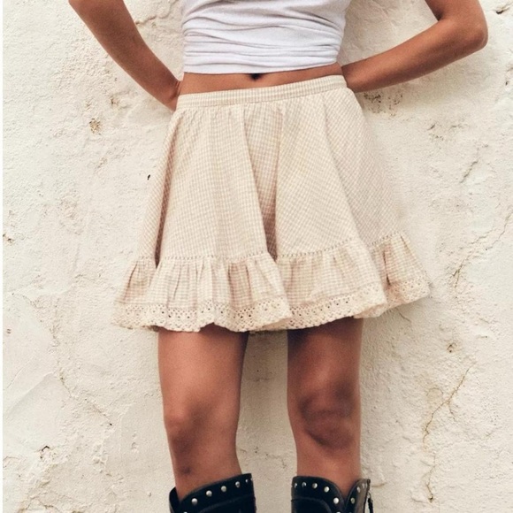 NWT Zara Plaid Gingham Ruffle Lace Frill Mini Skirt in Cream/Brown - S - Picture 3 of 8
